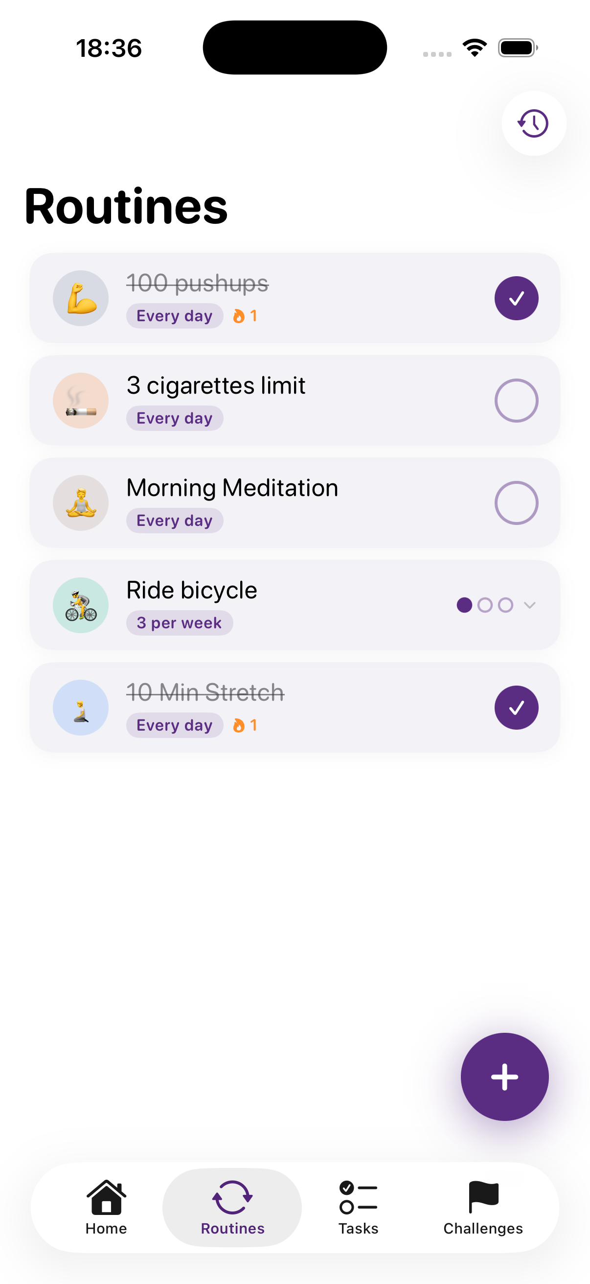 Routines screen